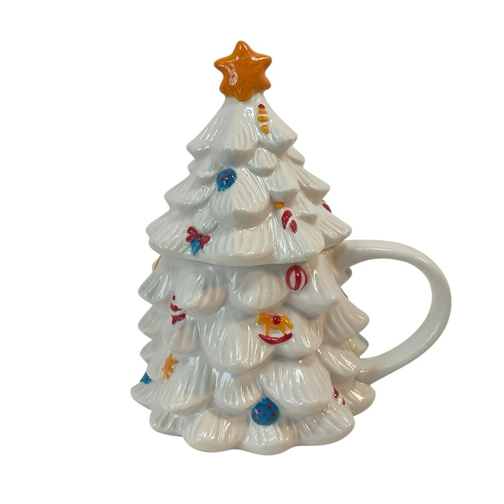 Pottery Barn Christmas In The Country Lidded Tree Stoneware Mug White New In Box